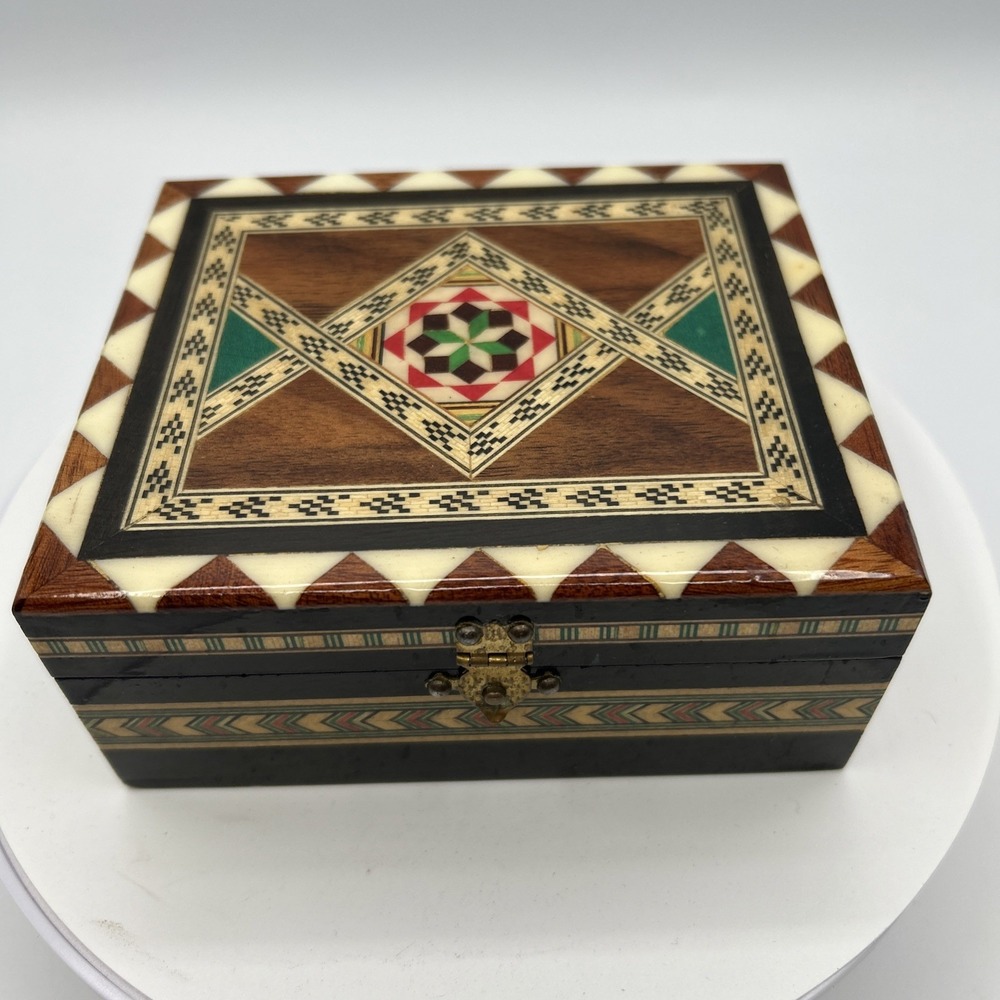 Vintage Inlaid Mosaic Wood Box 4" Marquetry Trinket Box with Geometric Pattern